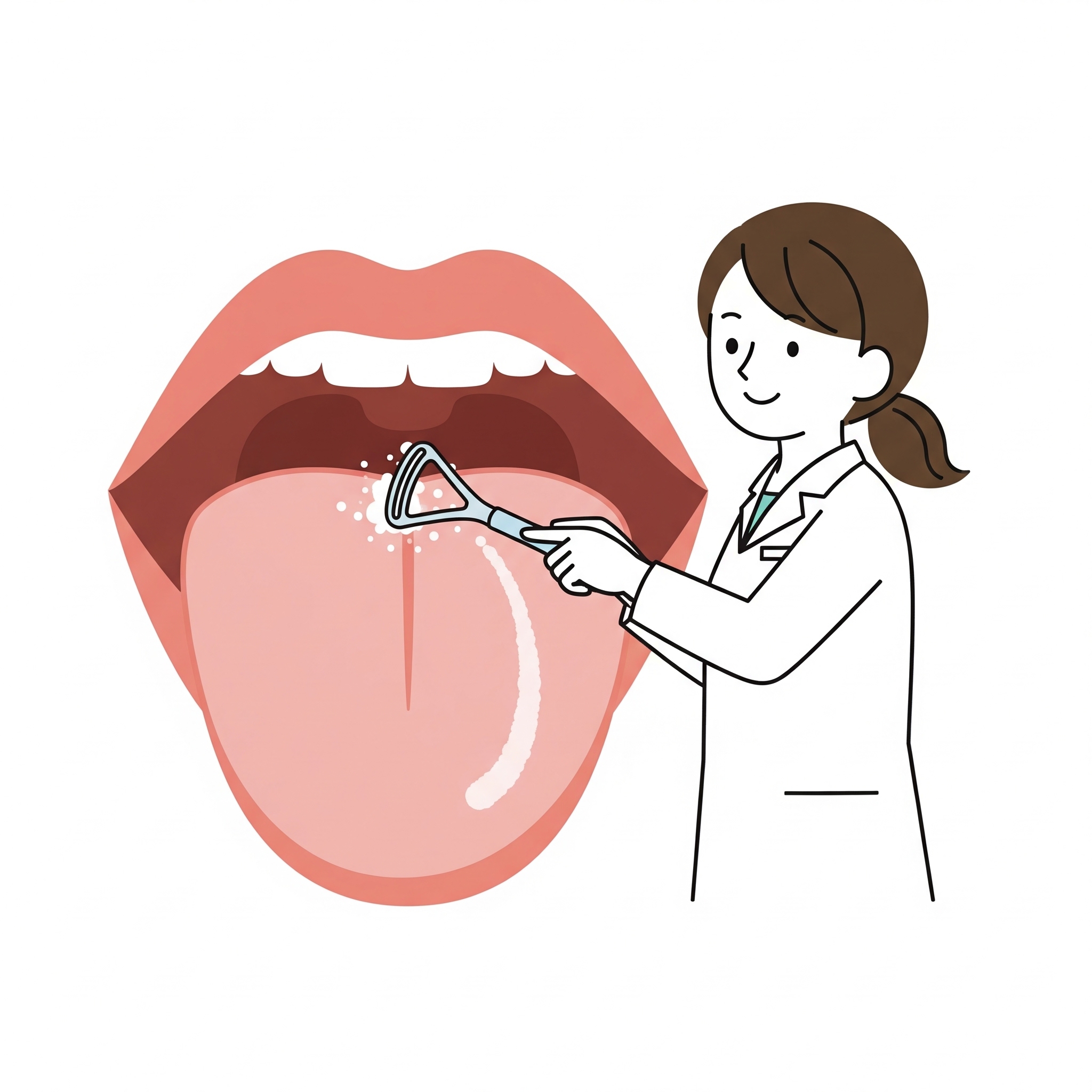 Illustration d'une dentiste qui nettoie la langue blanche d'un patient avec un diagnostic de candidose