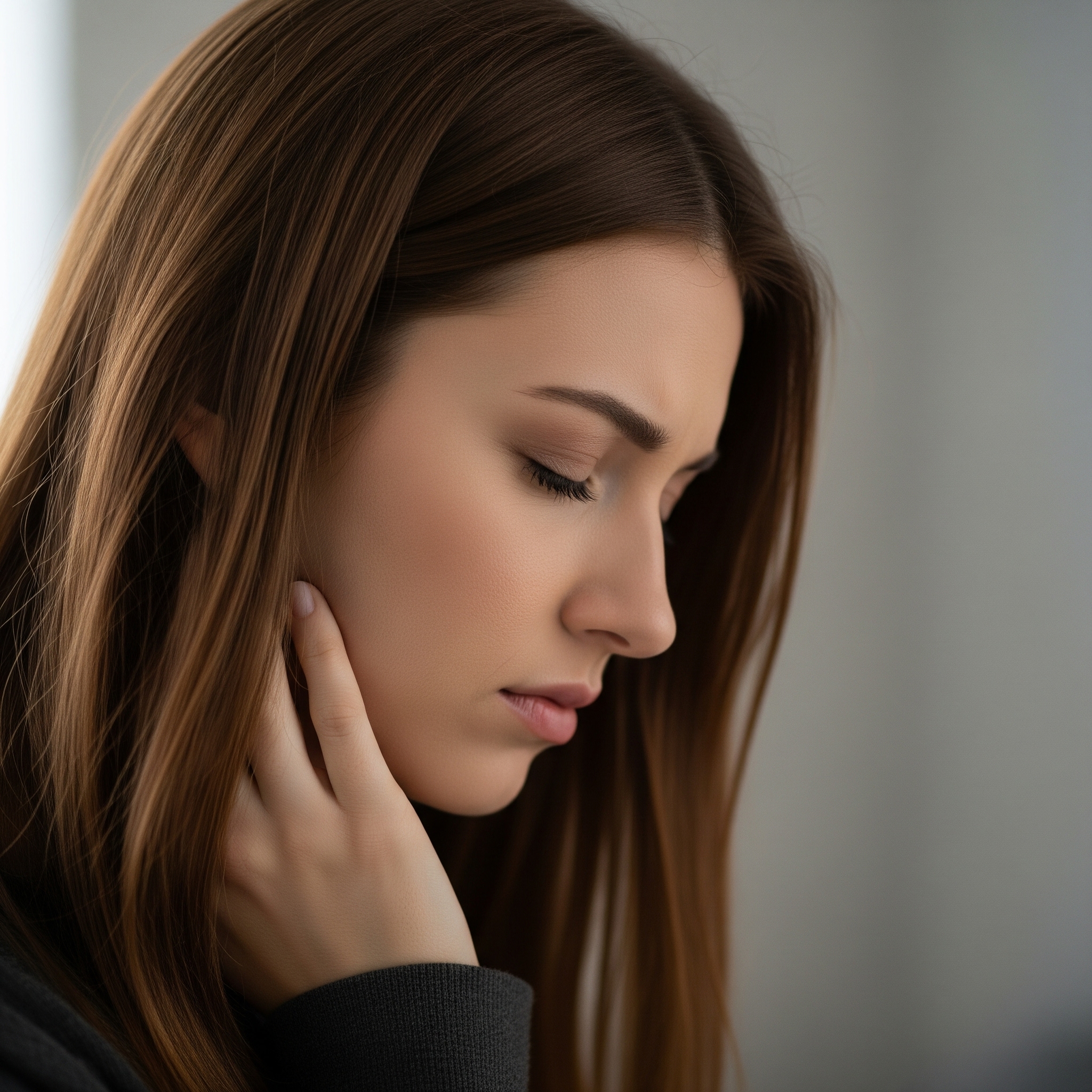Photographie de profil d'une femme exprimant une douleur à la mâchoire et à la tempe, liée à une malocclusion.