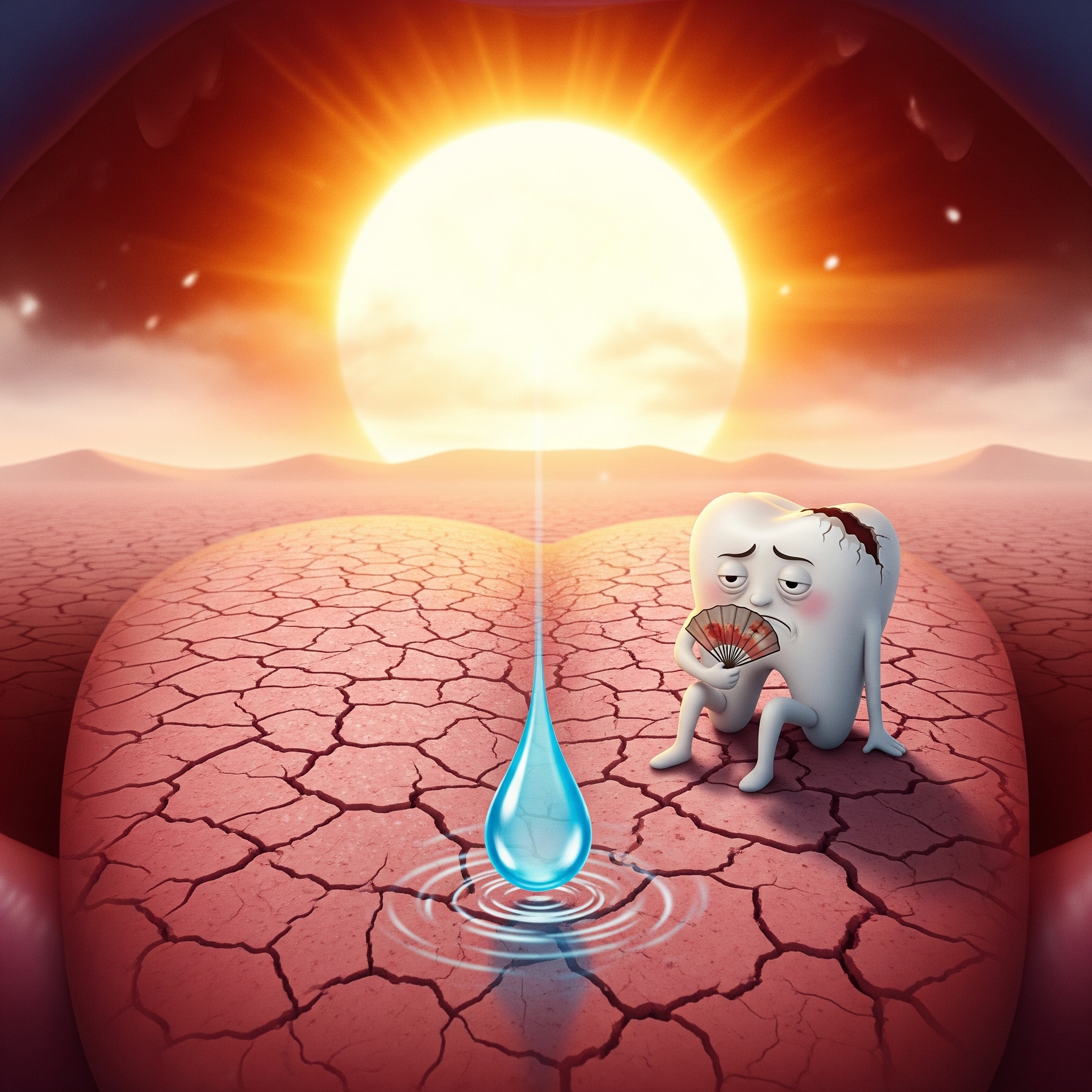 Illustration métaphorique de la bouche en feu, montrant une langue-désert et un personnage de dent souffrant de la chaleur.