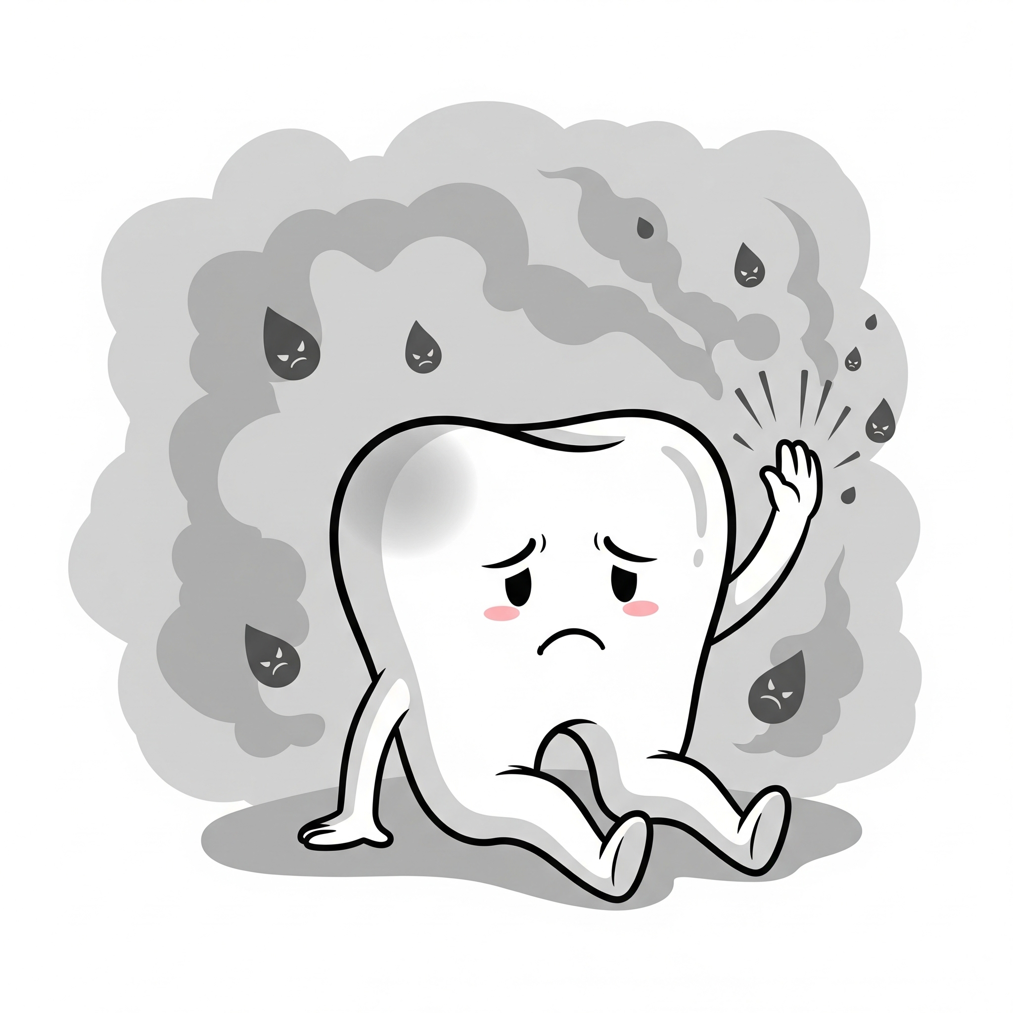 Illustration d'une dent-personnage triste et jaunie, assise dans un brouillard de fumée de cigarette, symbolisant les méfaits du tabac sur la santé dentaire.