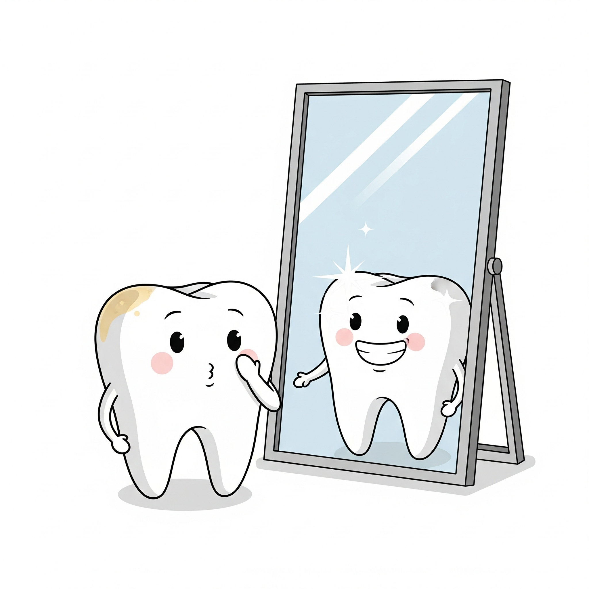 Illustration d'une dent voyant son reflet plus blanc et plus souriant dans un miroir, symbolisant l'éclaircissement dentaire professionnel.