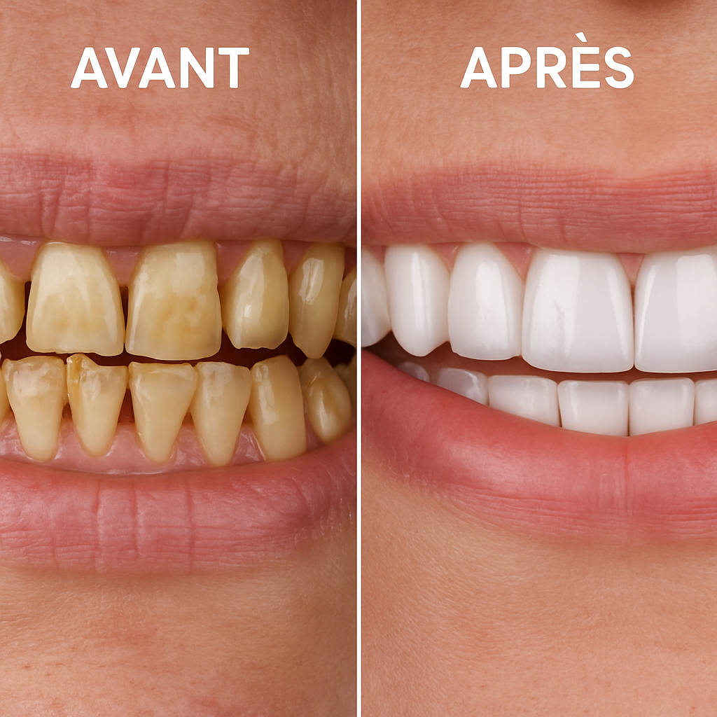 Comparaison d'un sourire avant et après la pose de facettes dentaires : à gauche, des dents tachées, espacées et abîmées ; à droite, un sourire éclatant aux dents blanches, alignées et harmonieuses.