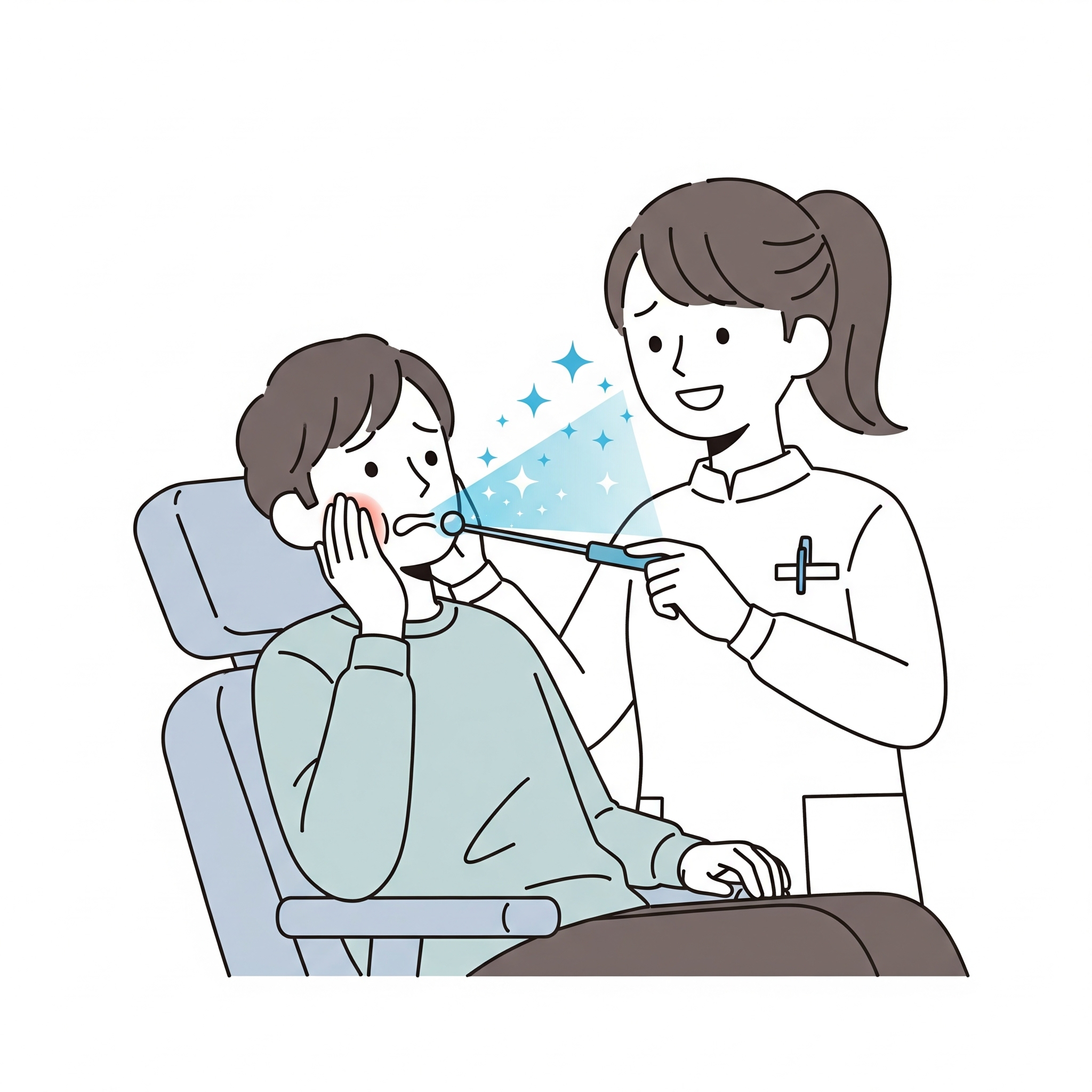 Illustration d'une dentiste qui utilise une 'baguette magique' pour soulager un patient souffrant d'une douleur à la mâchoire.