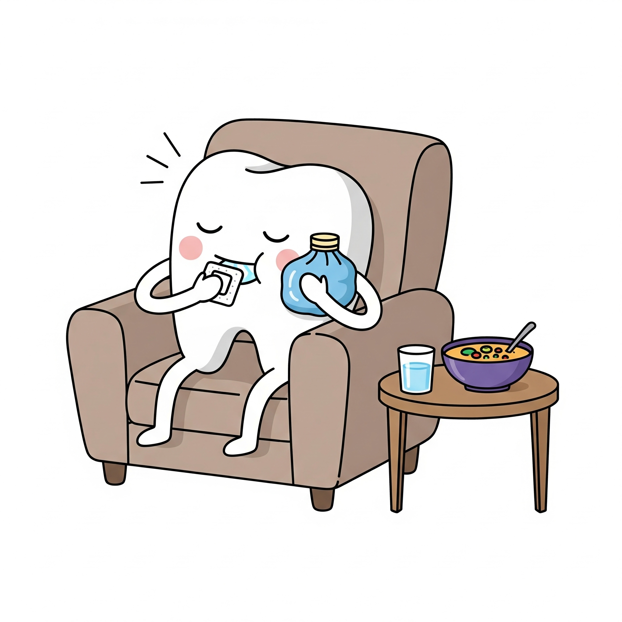 Illustration d'une dent-personnage se reposant après une chirurgie, avec une compresse et de la glace, symbolisant les soins post-opératoires.