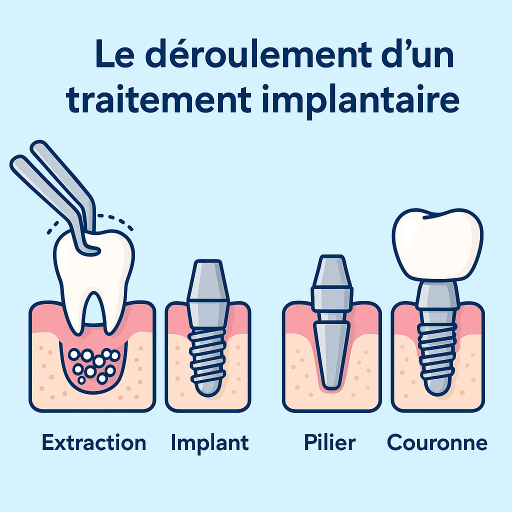Infographie en quatre étapes montrant le déroulement d’un traitement implantaire : extraction de la dent, pose de l’implant, mise en place du pilier, puis de la couronne.