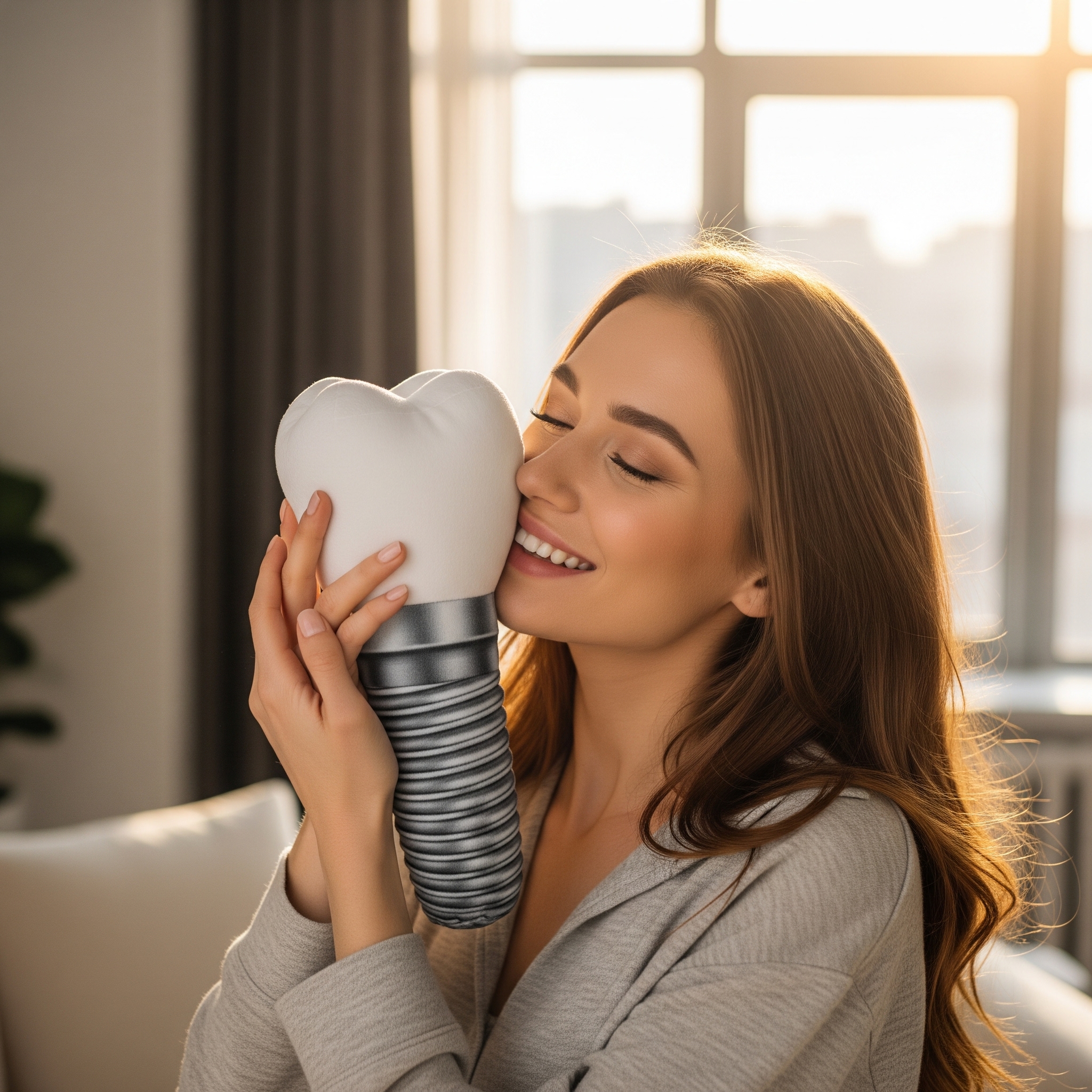 Photo d'une jeune femme heureuse embrassant une peluche en forme de couronne sur implant, symbolisant la joie d'un sourire restauré.