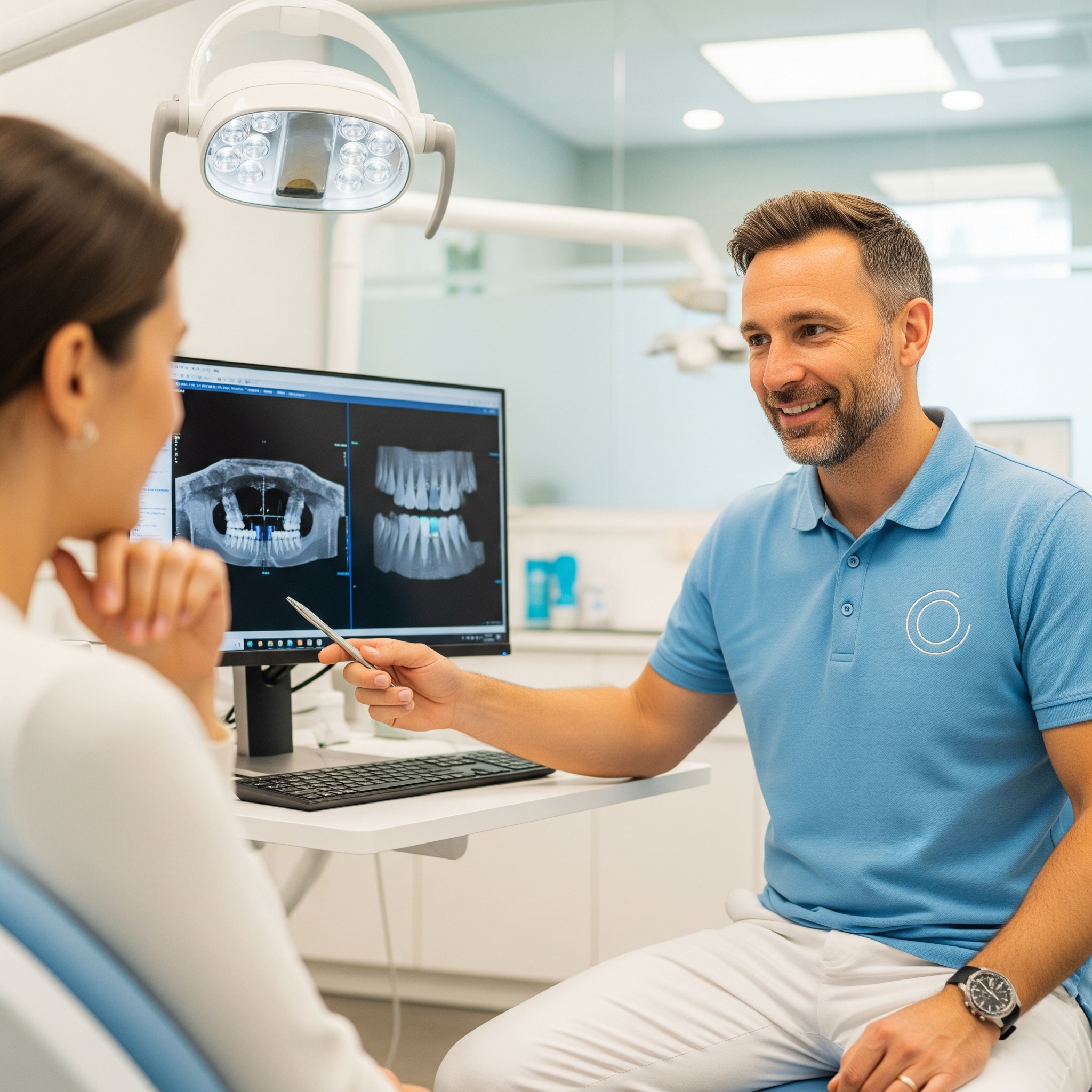 Dentiste du cabinet dentaire de la Muette expliquant un scanner Cone Beam pré-implantaire à une patiente.