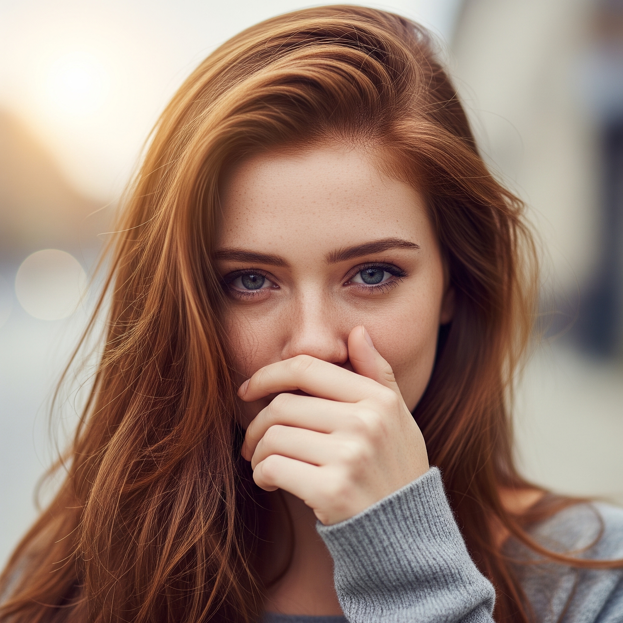 Photographie d'une jeune femme triste qui cache son sourire avec sa main, symbolisant l'impact psychologique des problèmes dentaires.