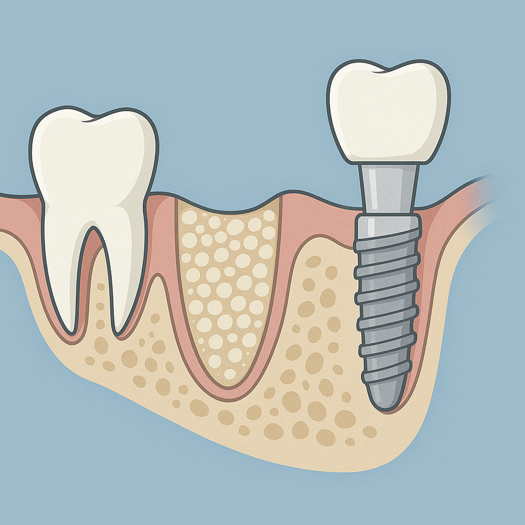Illustration médicale montrant une greffe osseuse préimplantaire avec granules dans l’alvéole dentaire et un implant dentaire couronné adjacent, intégrés dans l’os de la mâchoire