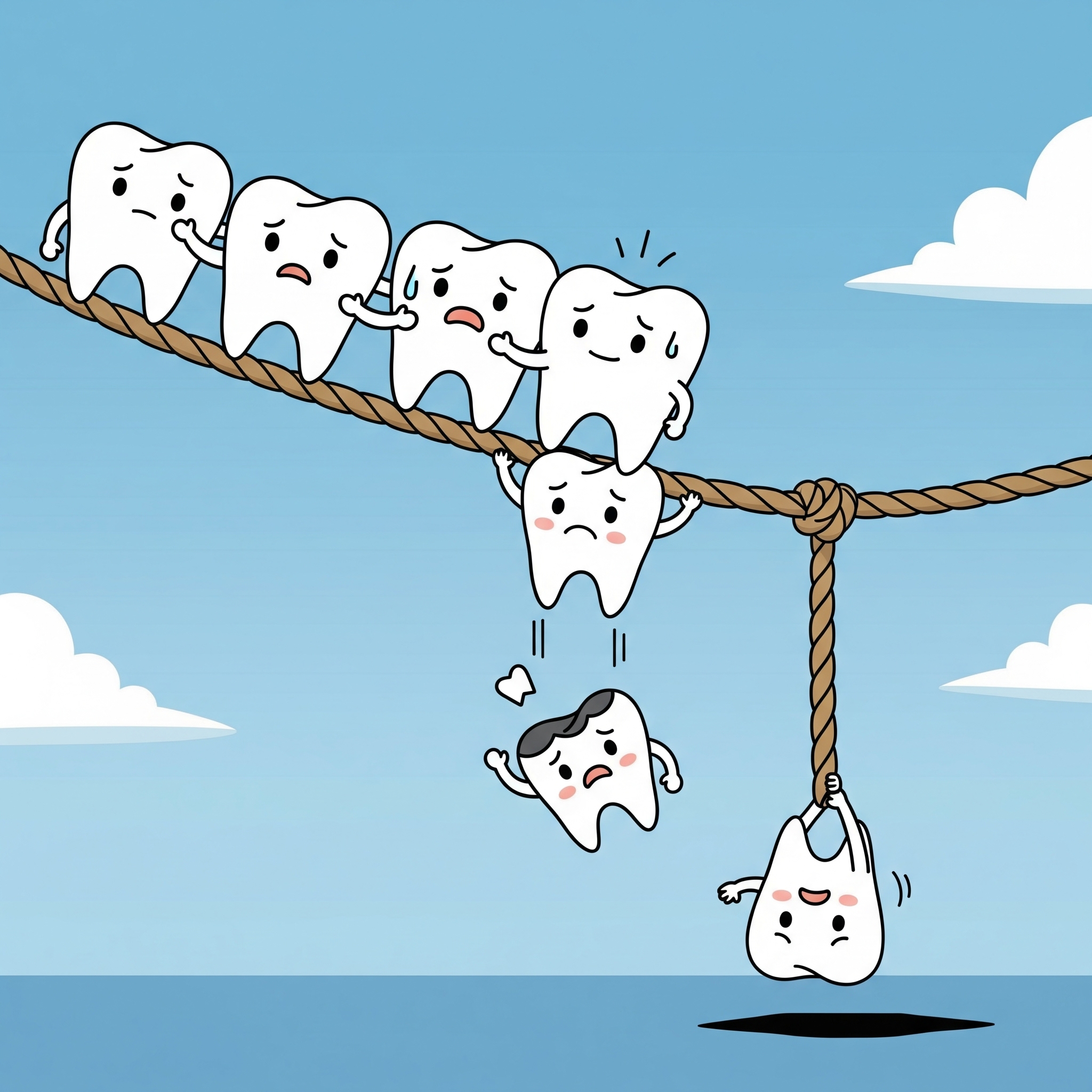 Illustration de dents-personnages en déséquilibre sur une corde détendue, se soutenant et tombant à cause d'une dent manquante.