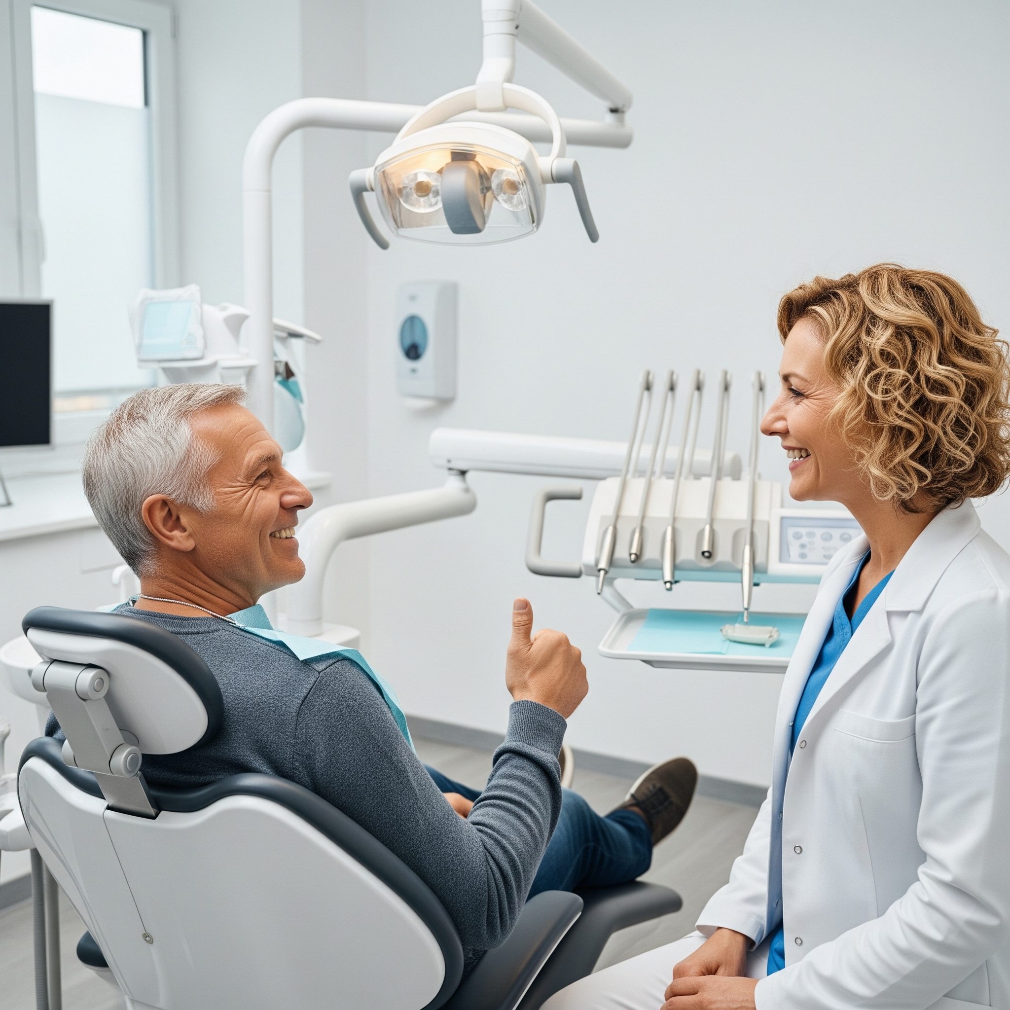 Patient souriant faisant un pouce levé à sa dentiste lors d'un contrôle, montrant sa satisfaction après une pose d'implant dentaire sans douleur.