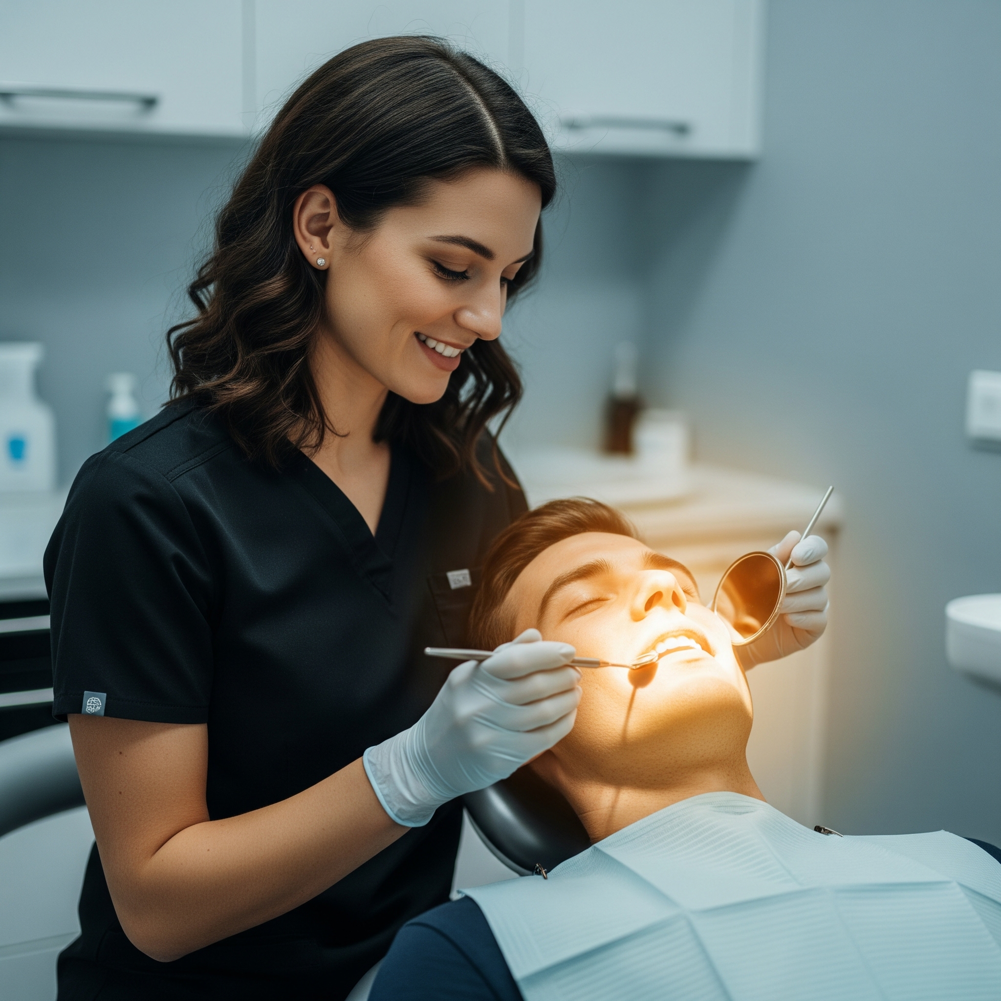 Photographie d'une dentiste utilisant un miroir dentaire lumineux pour soulager la douleur d'un patient, symbolisant un traitement efficace et rapide d'une alvéolite dentaire.