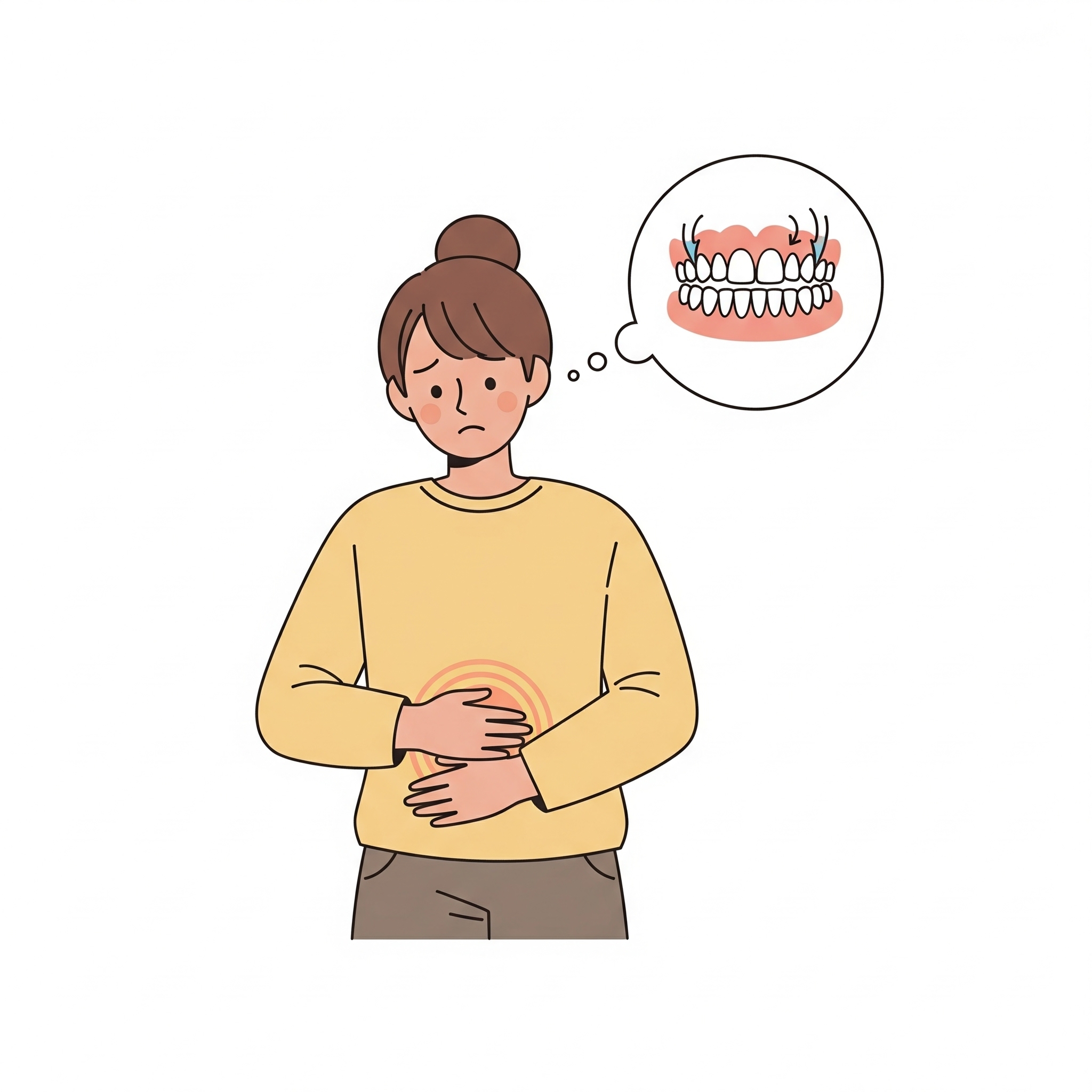 Illustration d'une personne souffrant de maux de ventre, avec une bulle montrant une malocclusion dentaire comme cause.