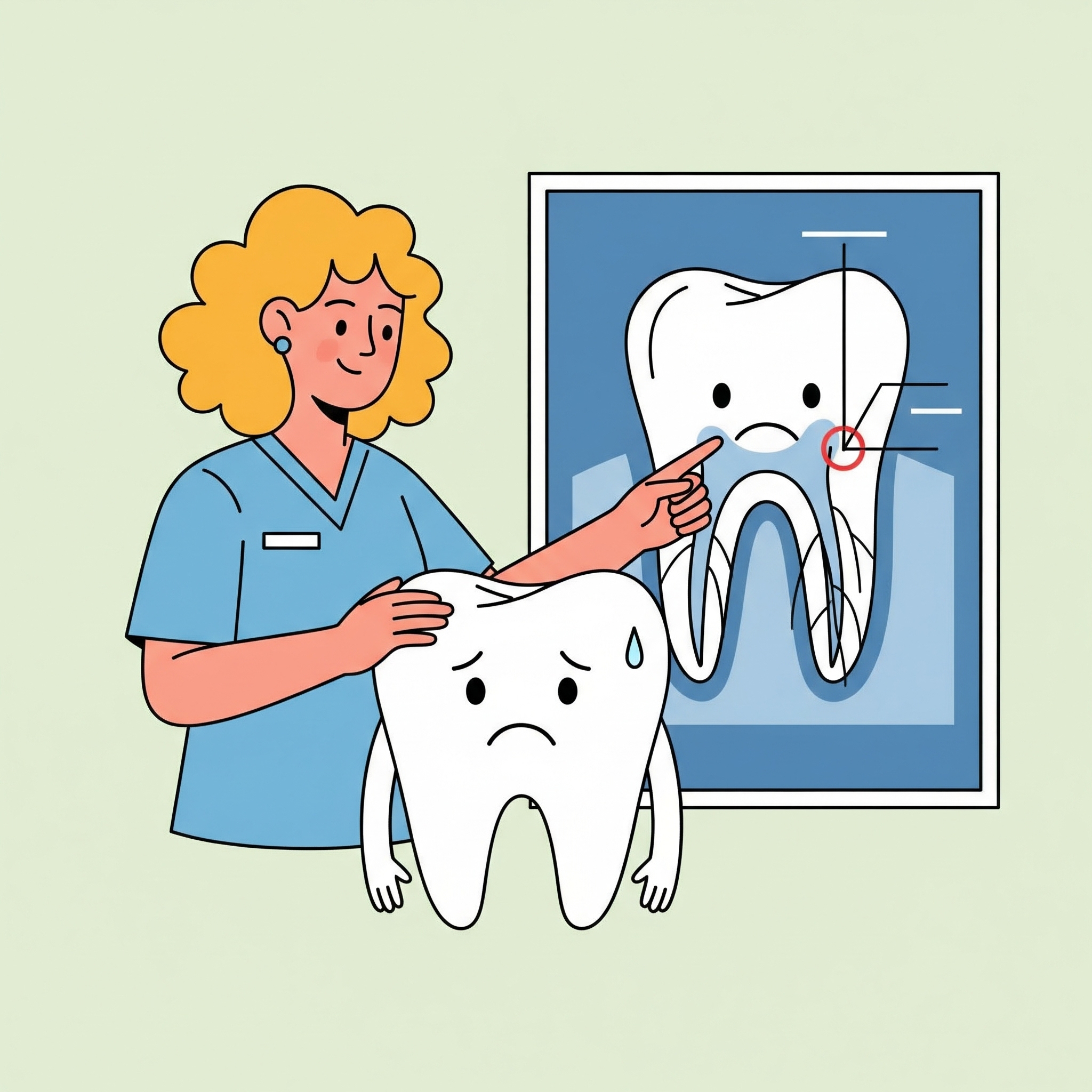 Illustration d'une dentiste expliquant un plan de retraitement de racine sur une radio tout en rassurant sa dent-patient.