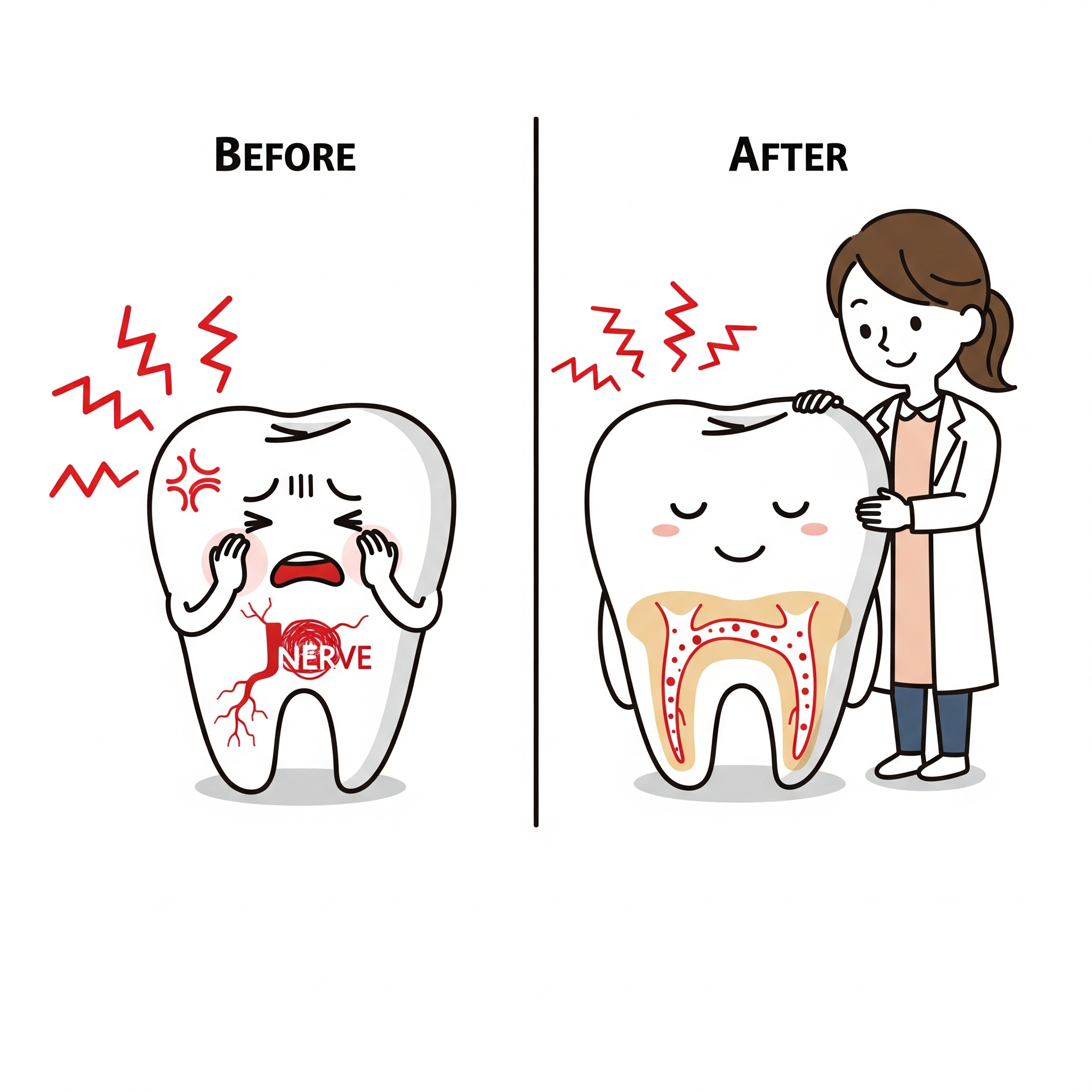 Illustration avant/après montrant une dent douloureuse puis une dent soulagée par la dentiste, symbolisant un traitement de racine (dévitalisation).