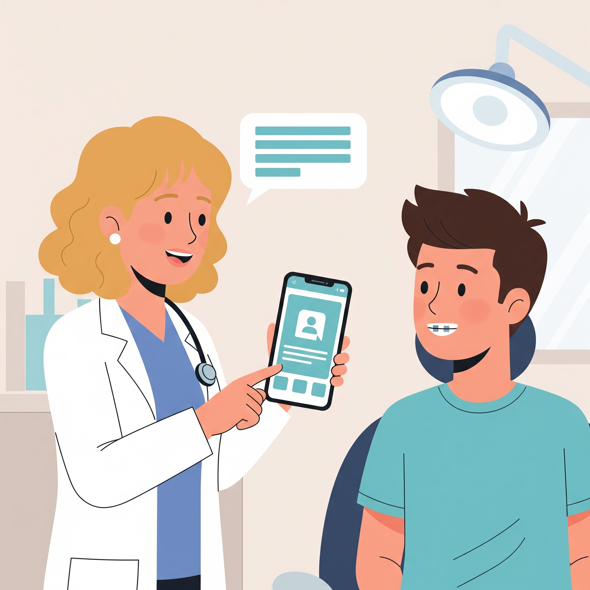 Illustration du Dr Antonella BERARDI présentant l'application mobile Dentapoche à une jeune patiente sur un smartphone.