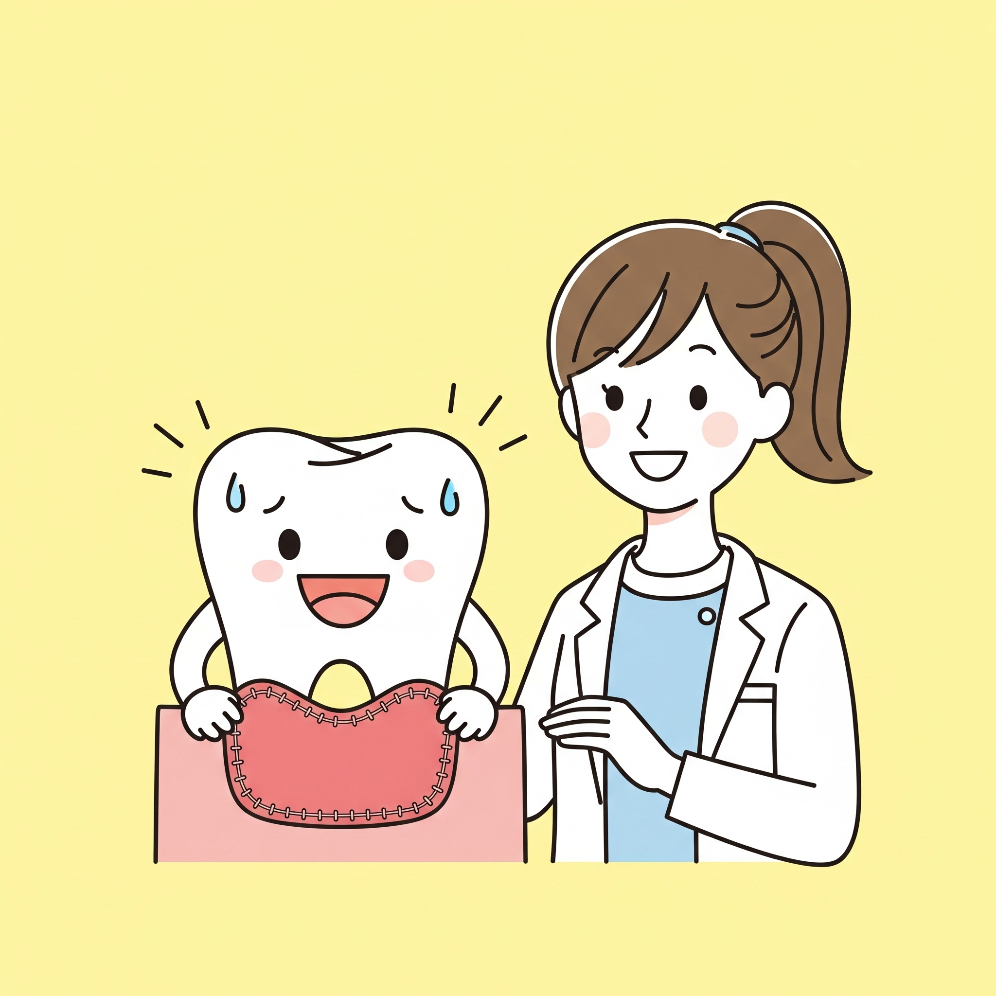Illustration d'une dentiste appliquant un patch de gencive directement sur la racine exposée d'une dent pour la recouvrir.